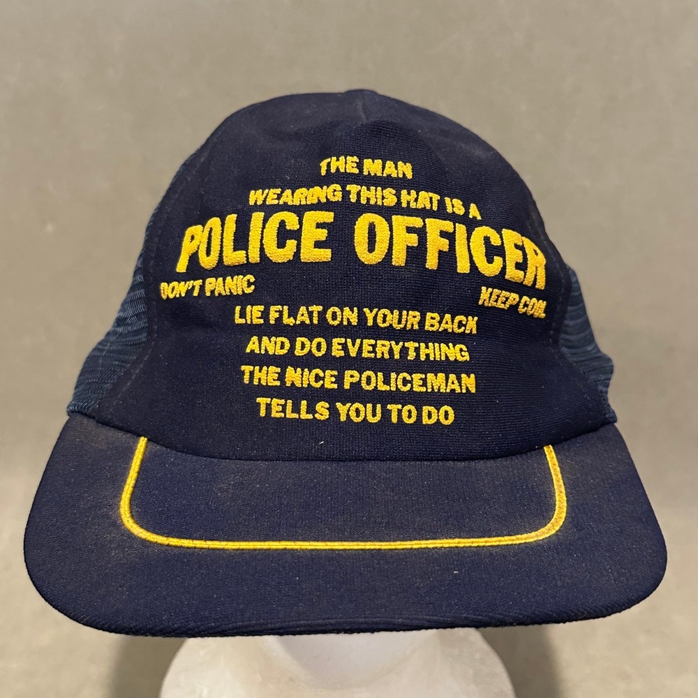 Vintage Police Officer Humorous Trucker Hat Navy Blue Snapback Made in USA Mesh